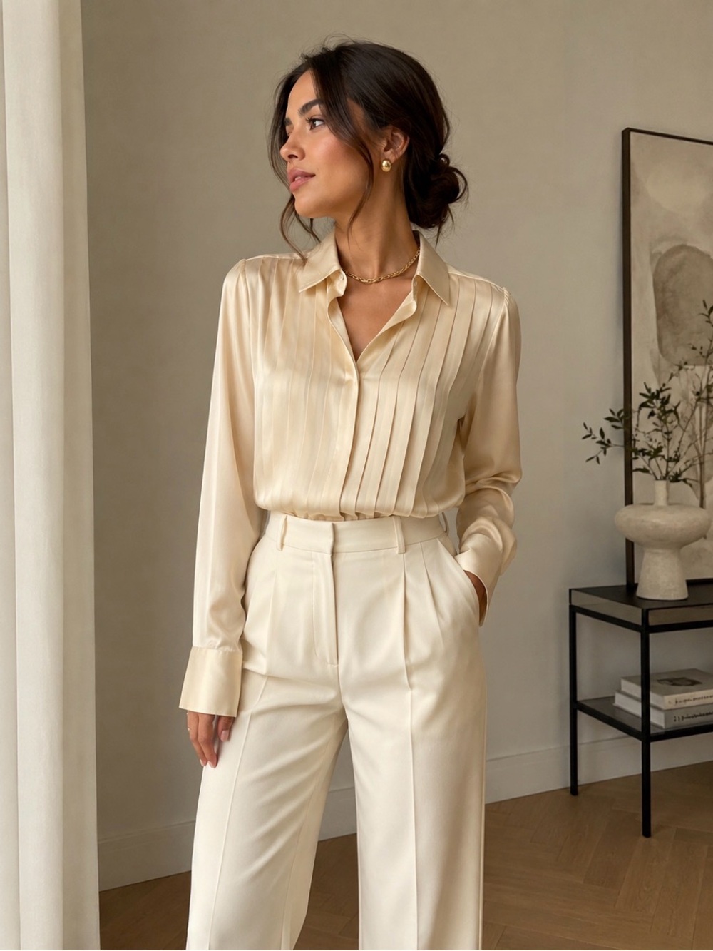Pleated Cream Silk 100% Blouse One Button